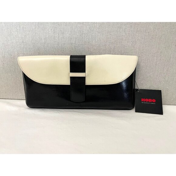 Hobo International Black & Cream Leather Clutch With Snap & Zip Closures - Picture 1 of 9